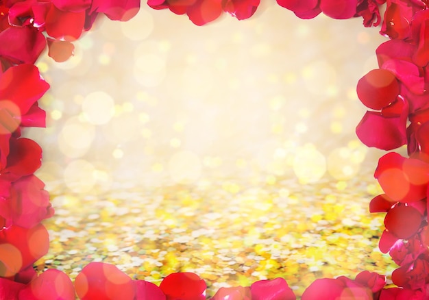 love, romance, valentines day and holidays concept - close up of red rose petals blank frame over golden confetti and lights background