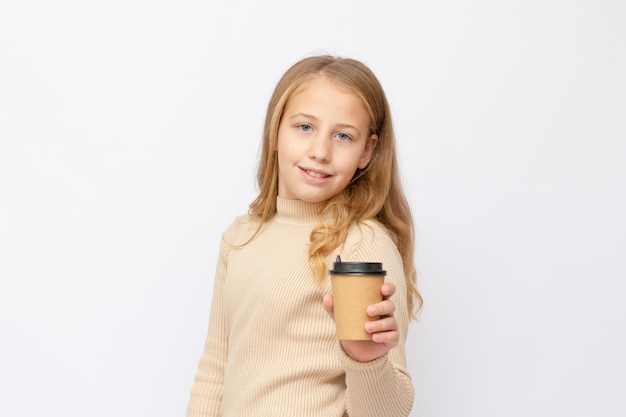 Love season drinks and people concept  close up of happy smiling girl with coffee cup on white backg...