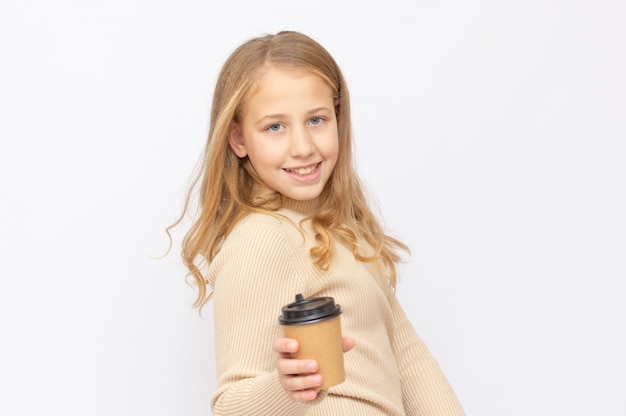 Love, season, drinks and people concept - close up of happy smiling girl with coffee cup on white backgrond