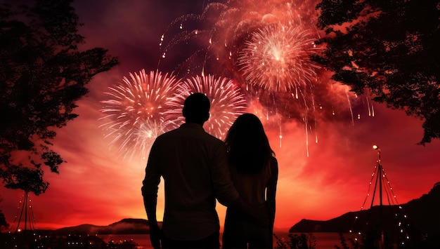 Foto silhouette d'amore nei fuochi d'artificio