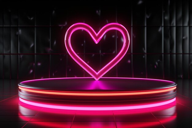 Love stage Neon hart omschrijft roze podium op donkere achtergrond