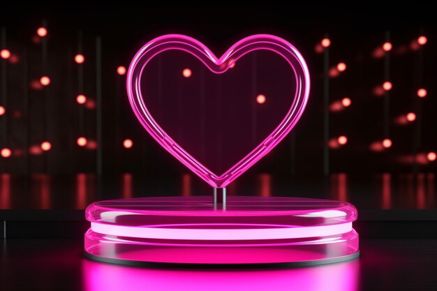 Love stage Neon hart omschrijft roze podium op donkere achtergrond