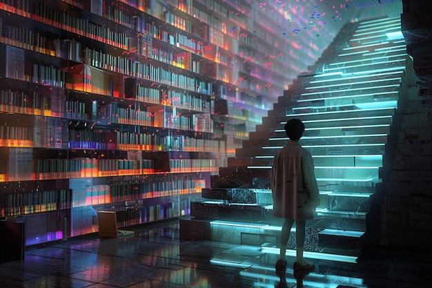 Photo love story unfolding in a futuristic library of ho