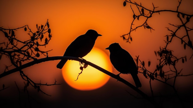 Love in the Sunset A Romantic Pair of Lovebirds Perched on a Branch