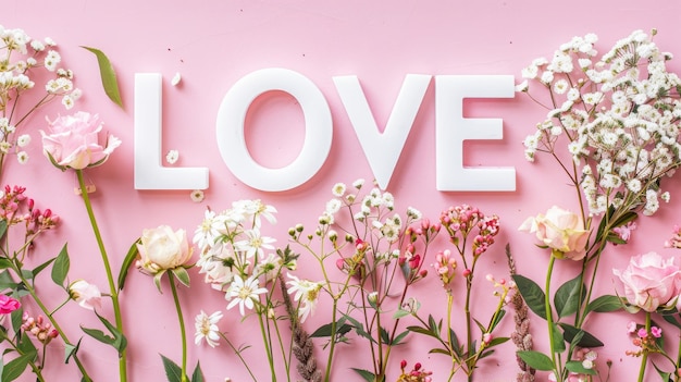 Photo love surrounded by delicate roses and spring flowers