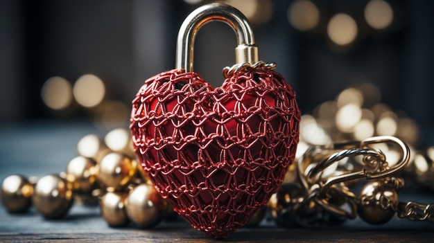 Love symbolized by heart shaped padlock on rustic wooden table