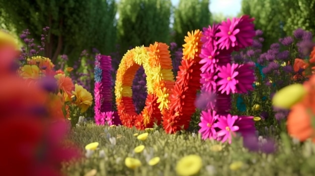 Love text letters design with colorful flowers in nature generative ai