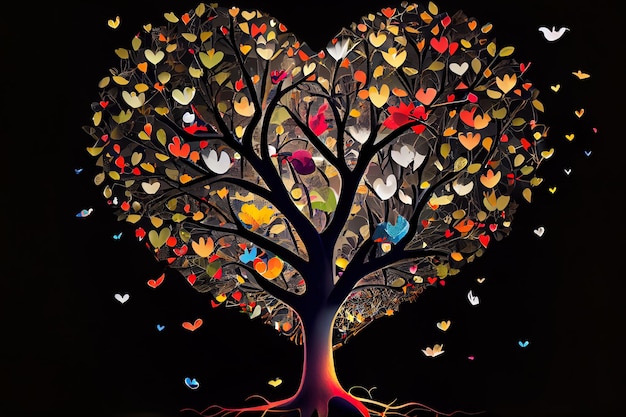 Love tree with flying hearts