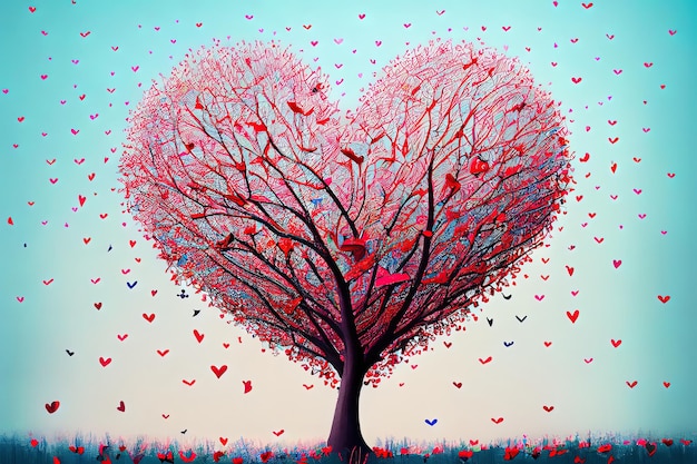 Love tree with flying hearts