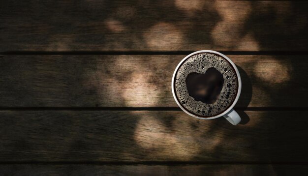 Love and Valentines Day Concept Hot Black Espresso Coffee Cup on Wooden Table with a Heart Shape Top View