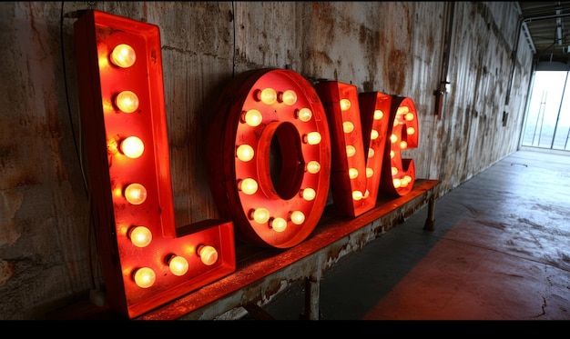 Love valentines day message in illuminated vintage style broadway display lettering