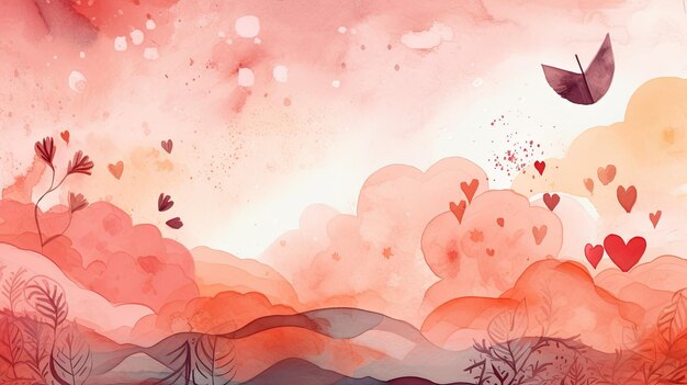 Love watercolor background with love motifs in pastel colors