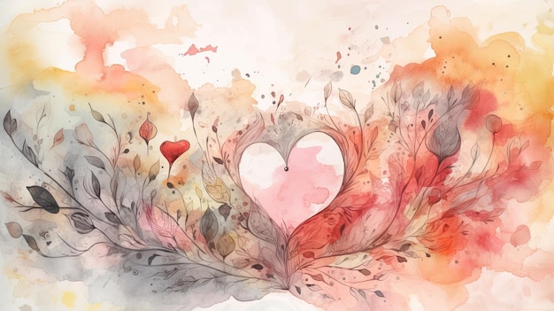 Love watercolor background with a pink hearth Illustration with pastel colors