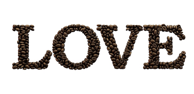 Любовное слово из кофейных зерен шрифта 3D рендеринга