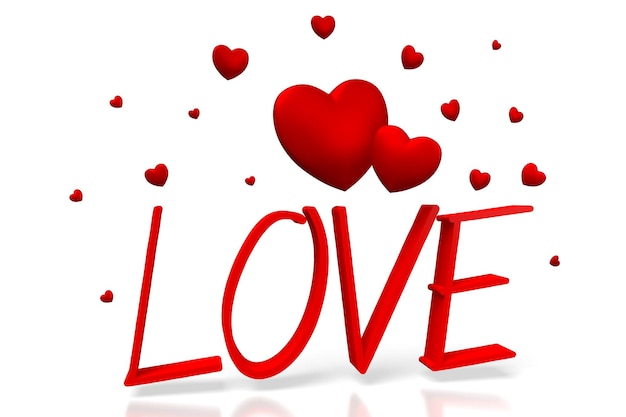 Photo love word and red hearts on white background