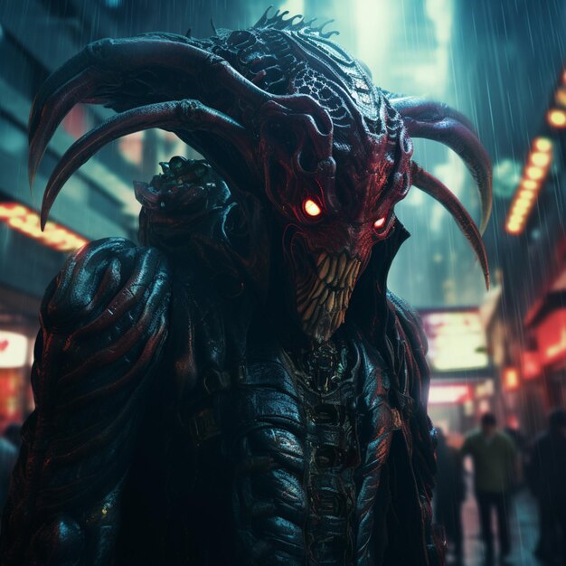 Lovecraftian demon on cyberpunk city Color Grading image AI generated art