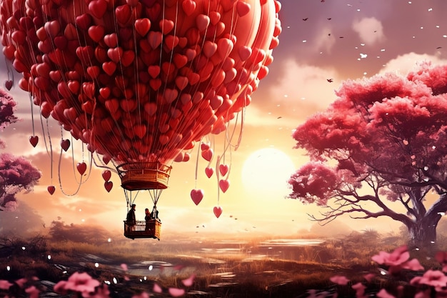 Lovefilled adventure romantic couple soaring in heartadorned balloon with dreamy inscriptions