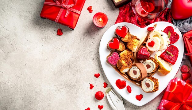 Foto lovefilled delights een heerlijk assortiment voor valentijnsdagdiner met voldoende kopieerruimte