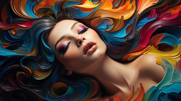 아름답고 추상적인 환상적인 그림, 화려한 디지털 페인트를 사용하여 노출을 두 배로 늘리는 멋진 여성