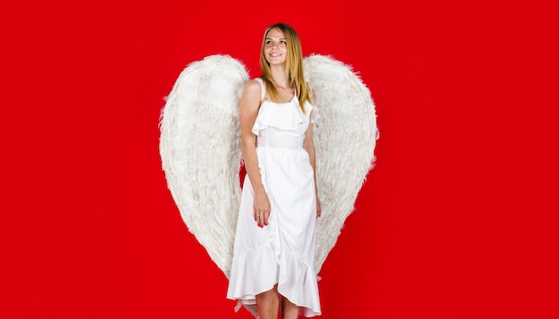 Lovely angel girl in white wings valentines day cute female cupid in valentine day