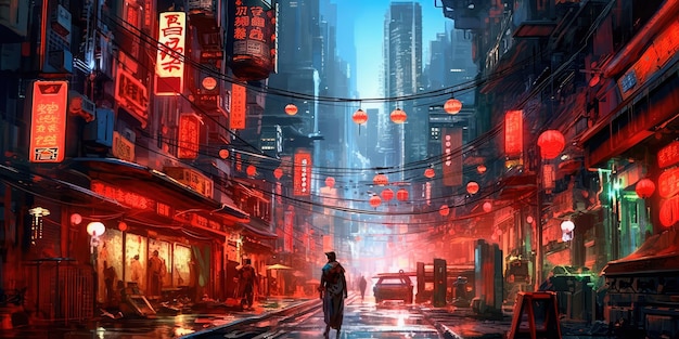 Photo lovely anime cyberpunk city painting digital painting night generative ai