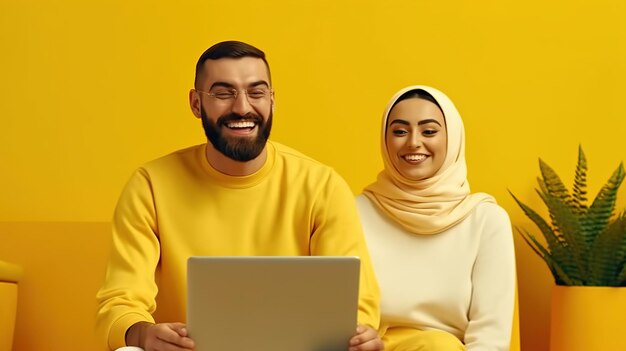 Lovely arabic couple sitting using laptop looking for new house