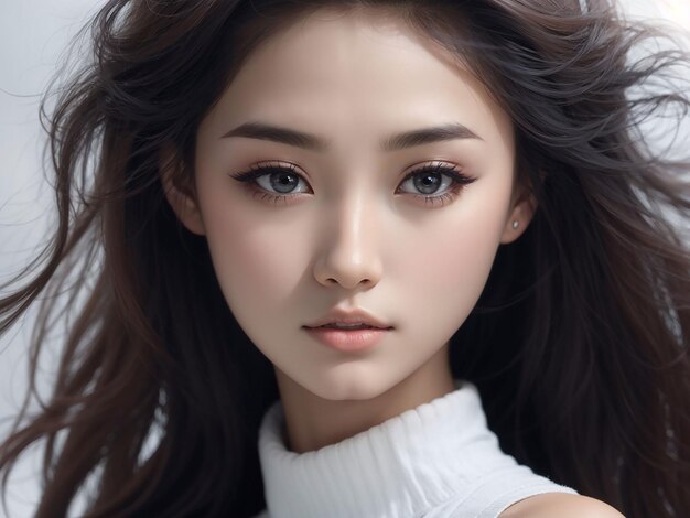 Прекрасная азиатская красавица, модель, волосы пони с корейским макияжем на лице и идеальными лыжами.