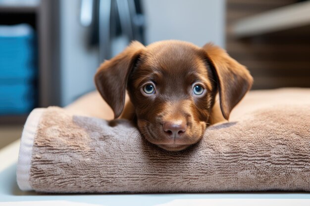 Foto un adorabile cucciolo marrone attraente che riposa su un asciugamano prepararsi e organizzare un viaggio dettaglio