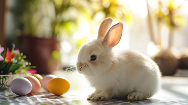 Прекрасный маленький пасхальный кролик отдыхает в гостиной с пасхальными яйцами на заднем плане AI Generative