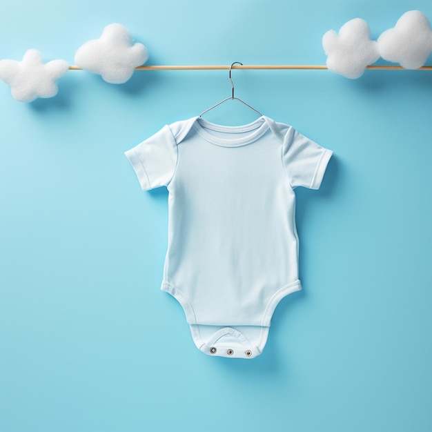 Lovely baby clothes hanging on a clothesline on blue background