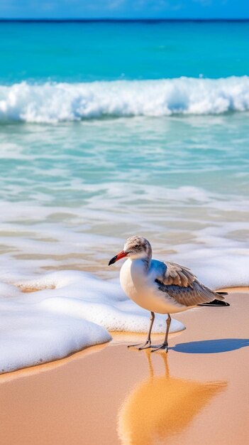 Lovely beach birds play with the waves at the beach