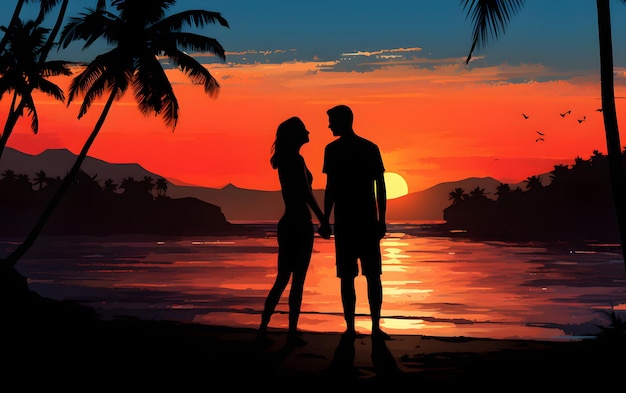 A lovely beach scene in the style of bold chromaticity exotic sunset love