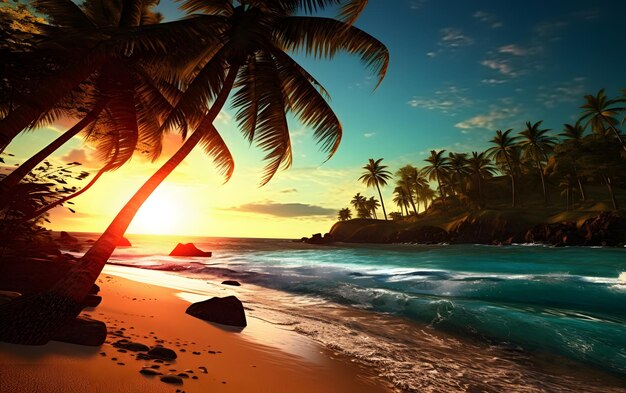 Photo a lovely beach scene in the style of bold chromaticity exotic sunset love