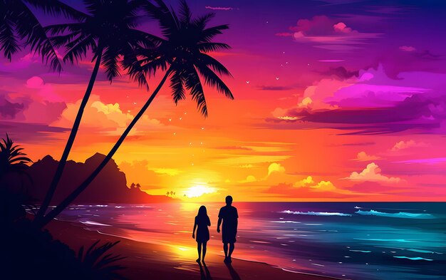 A lovely beach scene in the style of bold chromaticity exotic sunset love