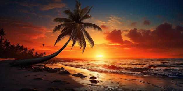 Lovely beach with palm tree and sea during lovely summer sunset