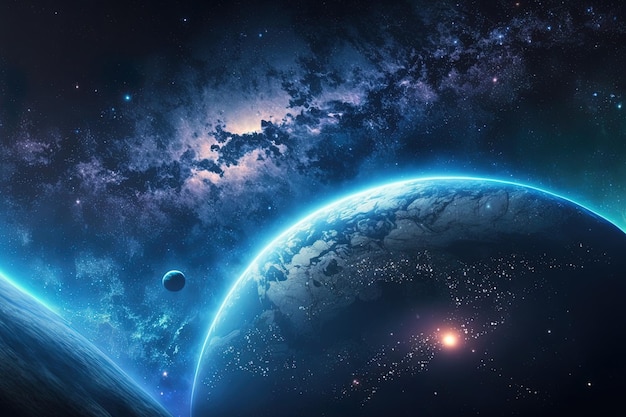 푸른 빛을 내는 별이 있는 사랑스러운 푸른 지구와 우주 공간의 은하수 새벽
