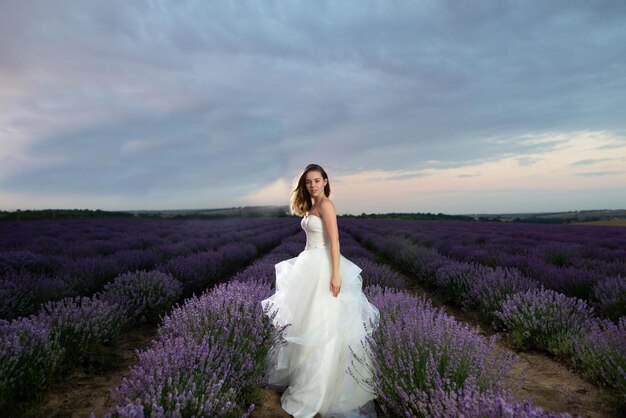 Bella sposa su un campo di lavanda in un abito da sposa bianco tra i fiori. il giorno delle nozze tra i cespugli fioriti di lavanda in estate all'alba.