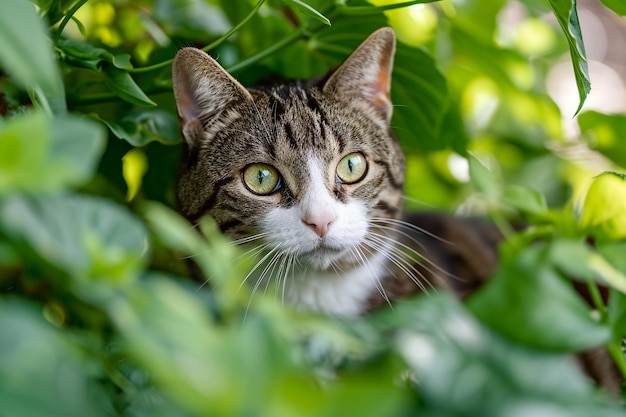 Прекрасная коричневая домашняя кошка в зеленом саду