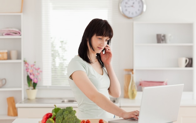 Lovely brunette woman on the phone while relaxing with her laptop