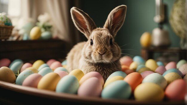 Lovely bunny easter fluffy baby rabbit eating grass with a basket full of colorful easter eggs on nature background Symbol of easter festival