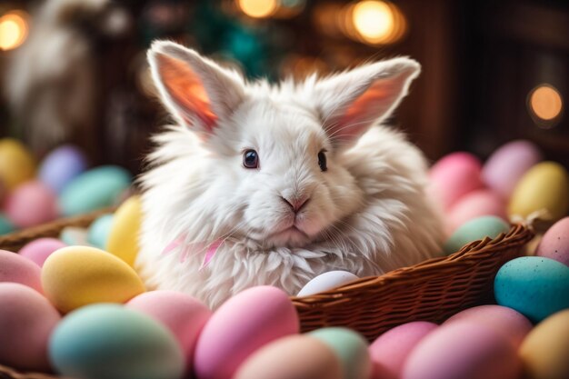 Lovely bunny easter fluffy baby rabbit eating grass with a basket full of colorful easter eggs on nature background Symbol of easter festival