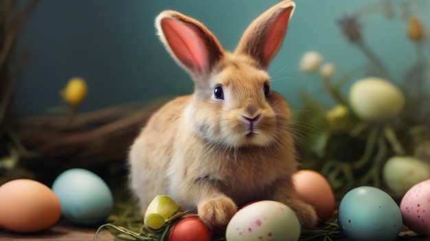 Lovely bunny easter fluffy baby rabbit eating grass with a basket full of colorful easter eggs on nature background Symbol of easter festival