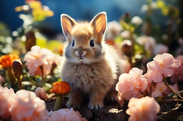 写真 美しいイースターウサギ 赤ちゃんのウサギが緑の草と草を食べて 緑の庭に色とりどりのイースターの卵を食べています 温かい日に自然の背景で イースターの日の祭りのシンボルです