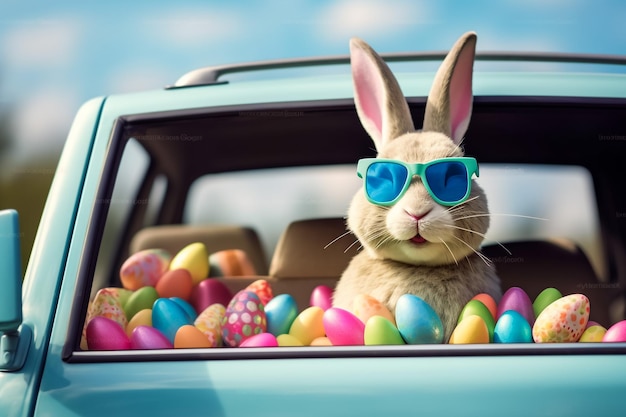 Photo lovely bunny easter fluffy baby rabbit with a basket full of colorful easter eggs on nature backgrou