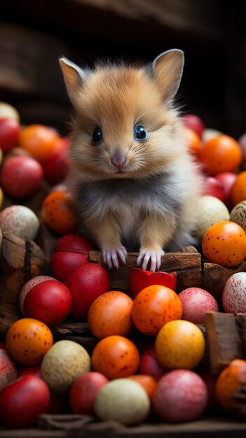 Lovely bunny easter rabbit eating food vegetables carrots baby corn in garden with flowers and colorful easter eggs background Cute fluffy rabbit in nature life Symbol animal of easter day