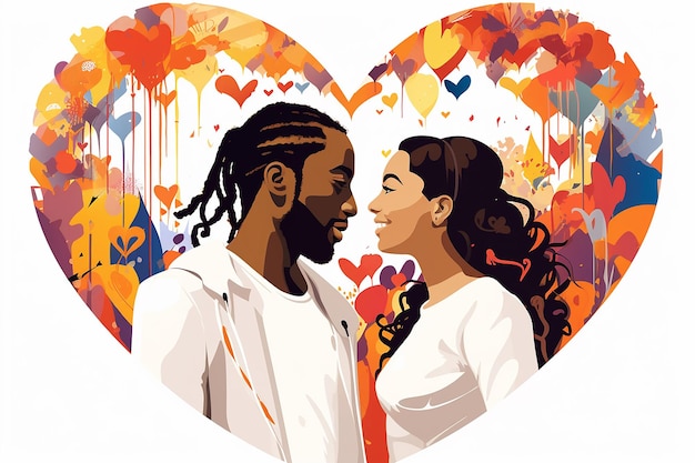 외 배경에 심장 모양의 추상적인 프레임 안의 사랑스러운 만화 흑인 커플