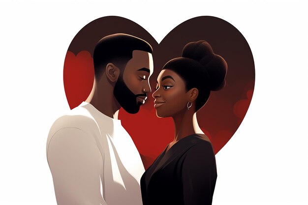 Photo lovely cartoon black couple inside heart shaped frame on isolated background