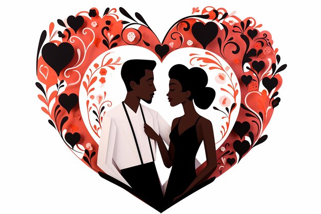 Photo lovely cartoon black couple inside heart shaped frame on isolated background