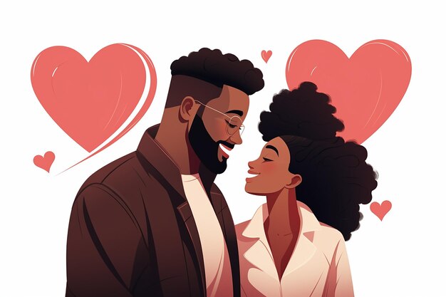 Lovely cartoon black couple inside heart shaped frame on isolated background