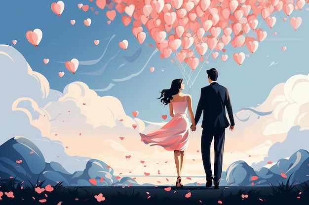 ロマンチックなバレンタインの背景にハートバルーンをつけた可愛い漫画のカップル